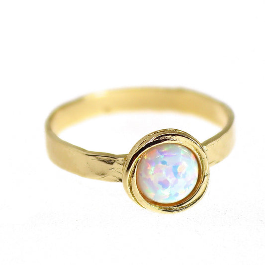 Opal 14k gold ring, White opal solid 14k gold band ring, Hammered real gold ring with stone