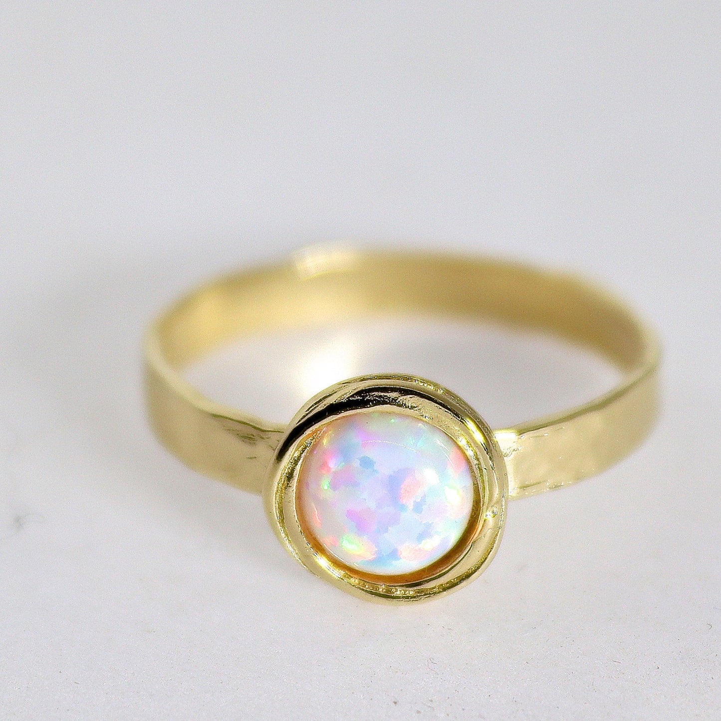 Opal 14k gold ring, White opal solid 14k gold band ring, Hammered real gold ring with stone