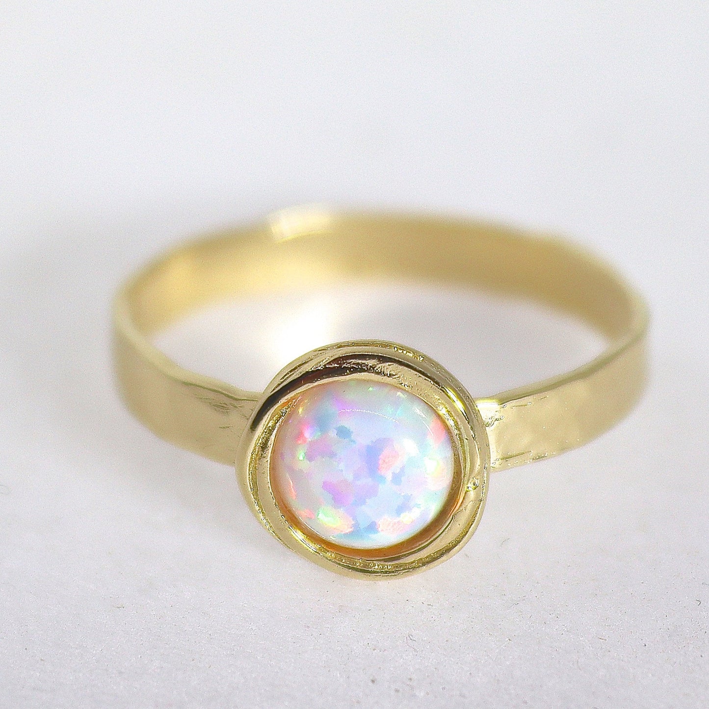 Opal 14k gold ring, White opal solid 14k gold band ring, Hammered real gold ring with stone