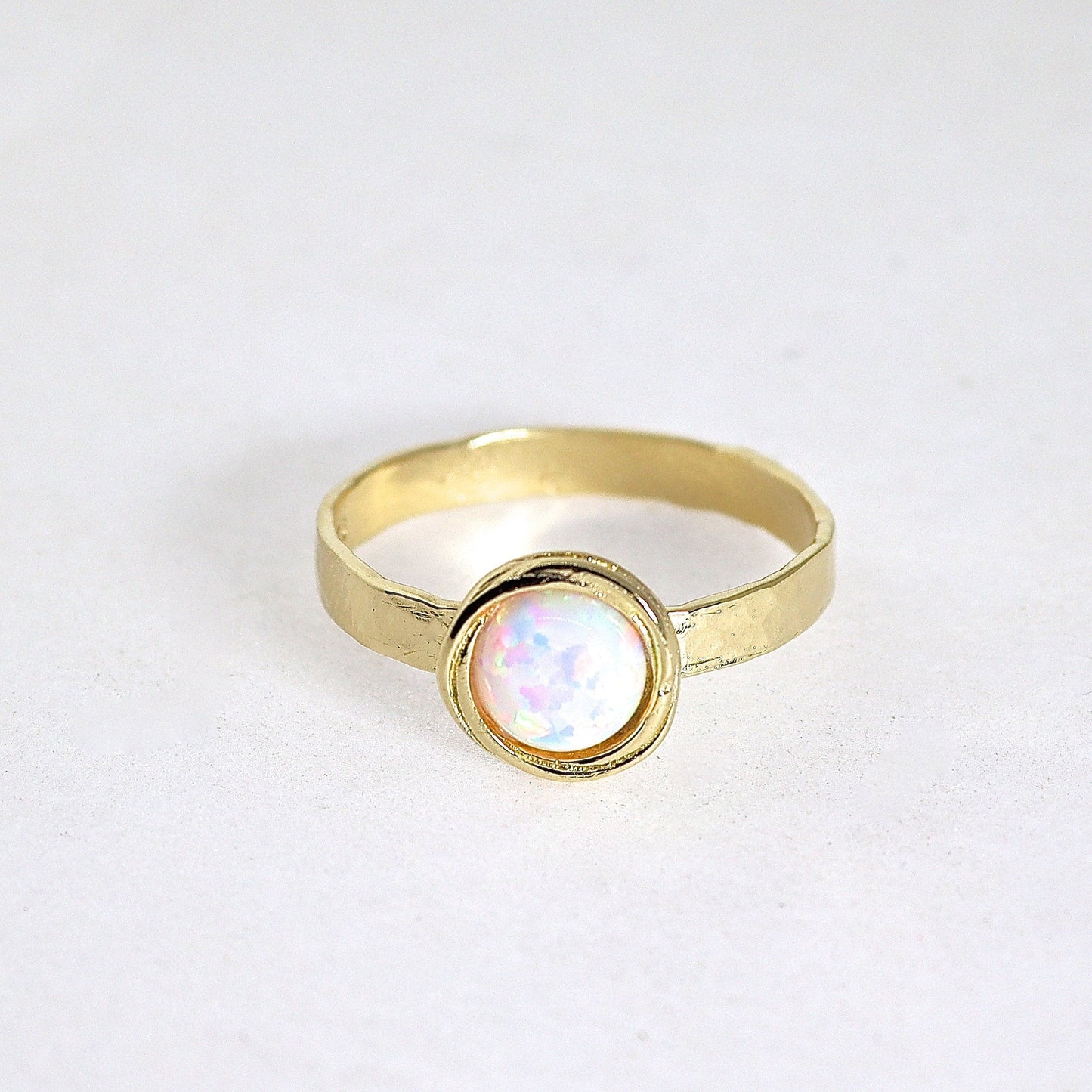 Opal 14k gold ring, White opal solid 14k gold band ring, Hammered real gold ring with stone