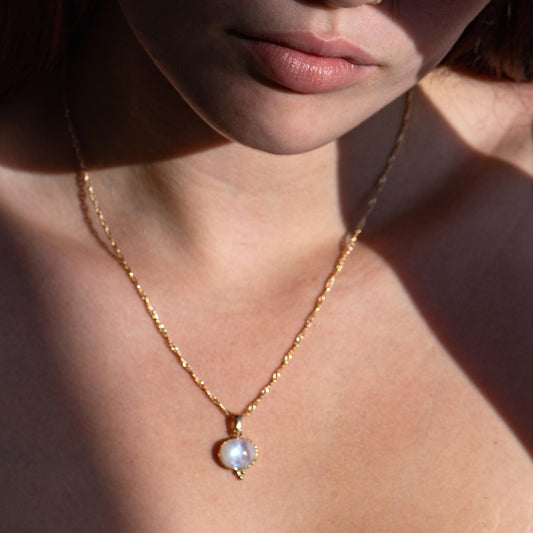 Moonstone gold pendant necklace, Rainbow moonstone pendant