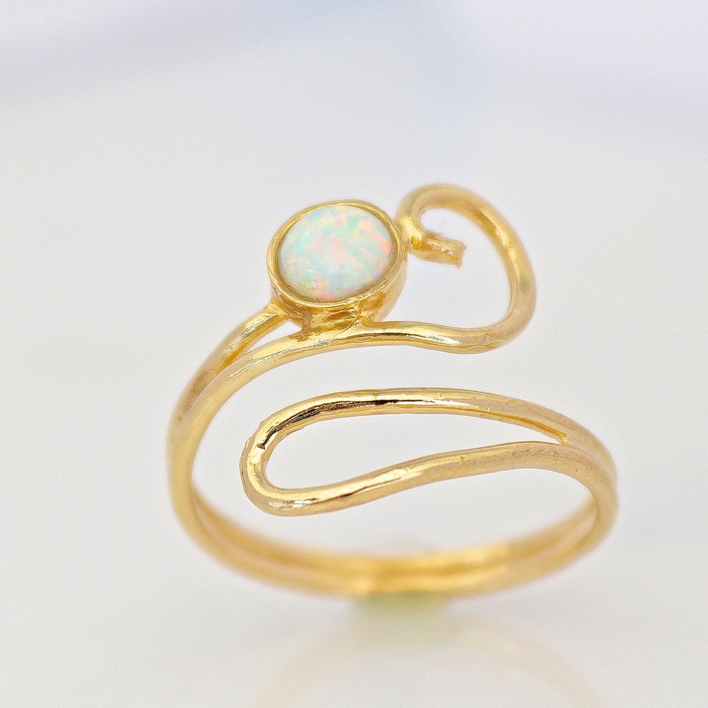 Opal gold ring, Adjustable white opal solid 14k gold ring