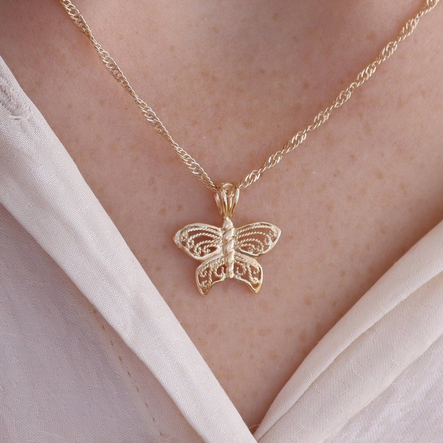 Filigree butterfly necklace, Solid 14k gold butterfly pendant necklace