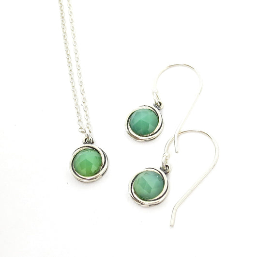 Jade earrings and necklace set, Sterling silver 925 jewelry set, Green stone set earrings and Pendant