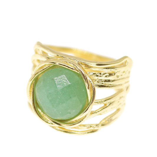 Green gold ring, Aventurine stone gold wide ring