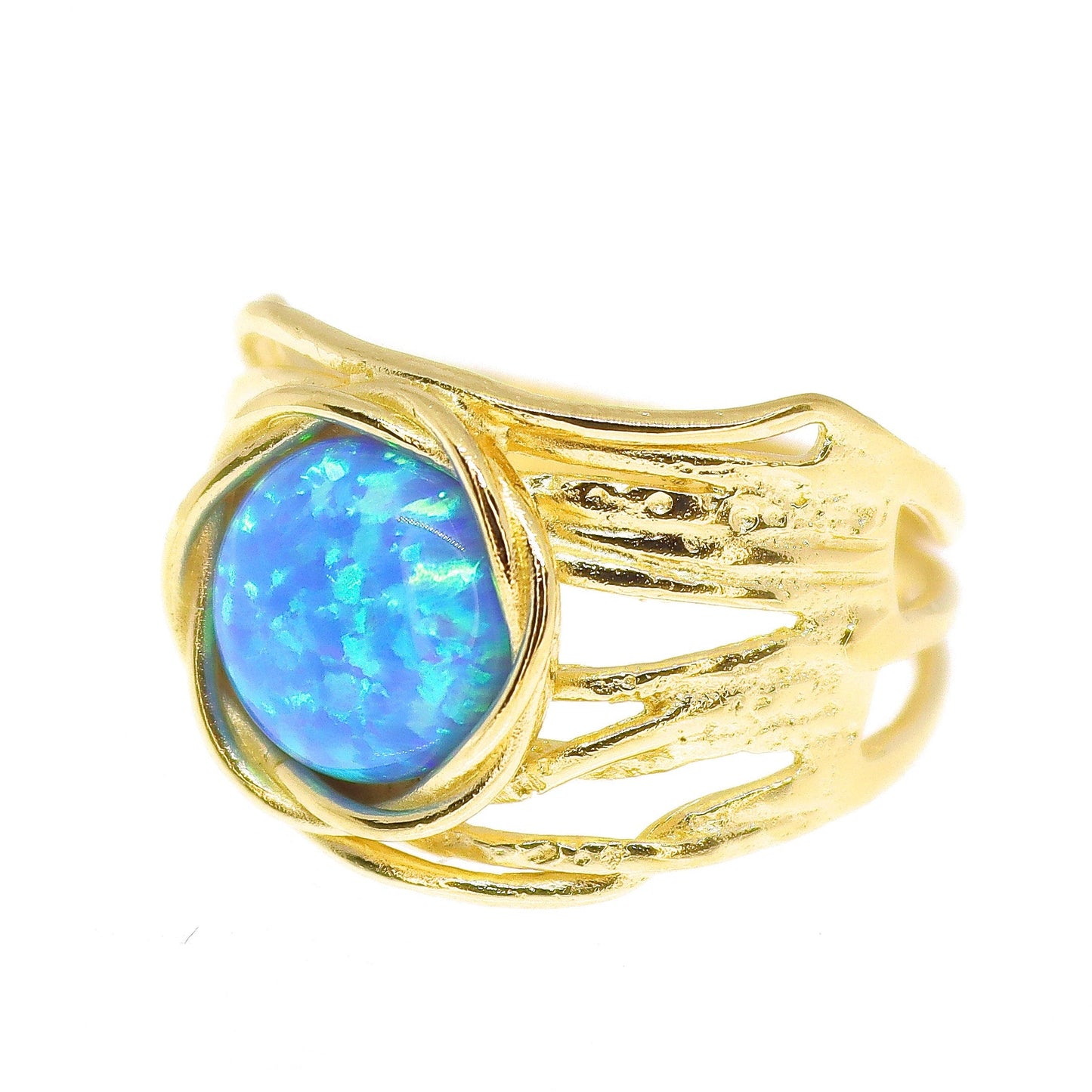 Opal ring, Blue opal wide solid 14k gold ring