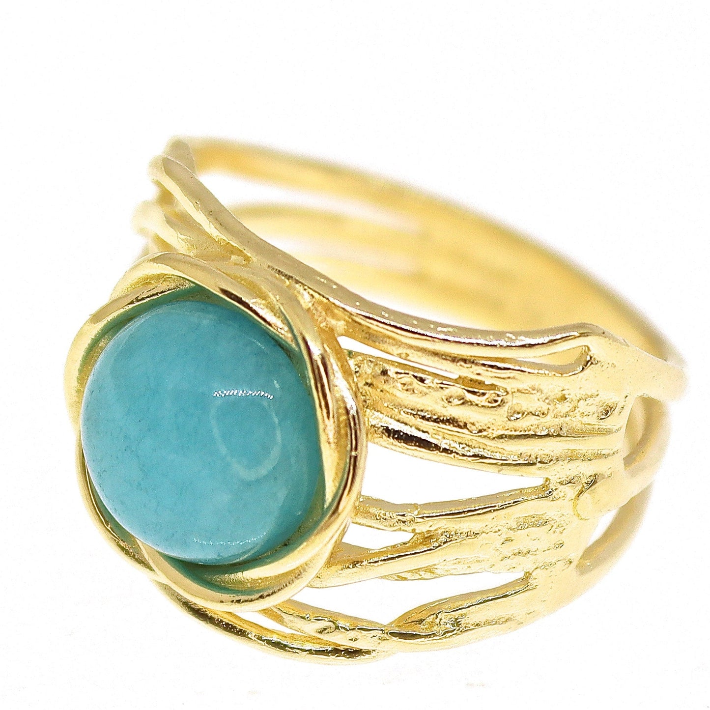 Green gold ring, Aventurine stone gold wide ring