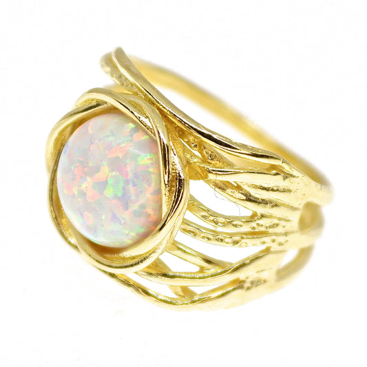 Opal gold ring, Solid 14k gold White opal wide ring