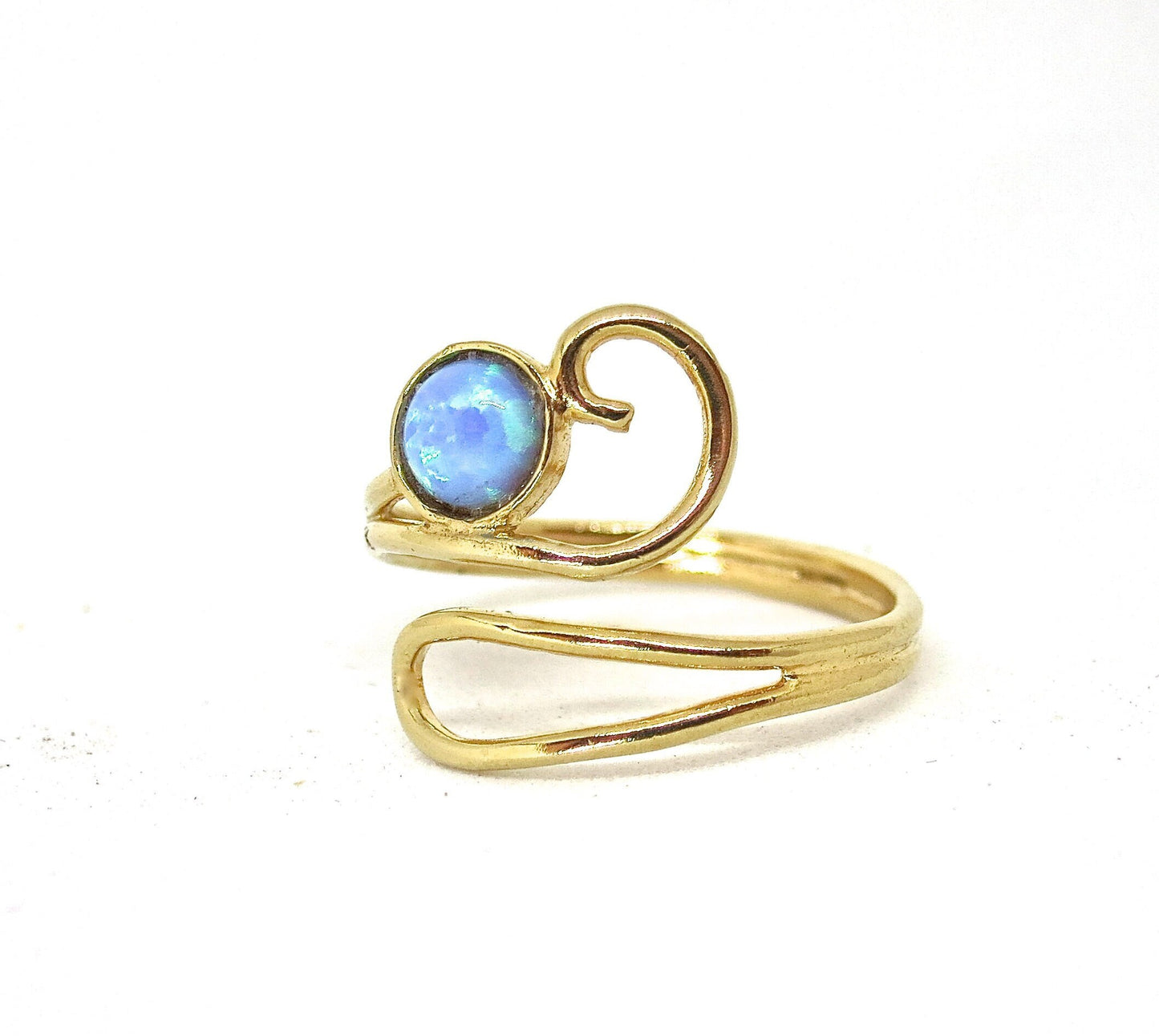 Opal 14k gold ring, Blue stone adjustable solid 14k gold ring