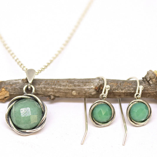 Jade jewelry set, Green stone jewelry set, Sterling silver Aventurine necklace and Jade earrings set