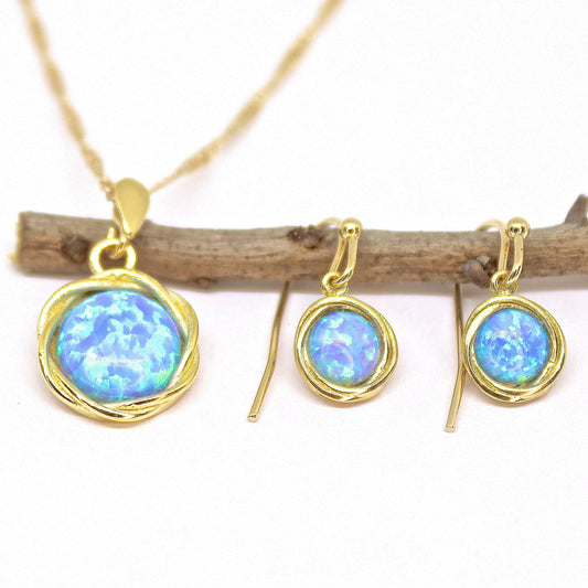 Opal jewelry set, Blue opal gold earrings and necklace pendant set