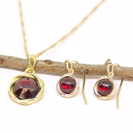 Garnet jewelry set, Red stone gold set dangle earrings and necklace pendant set