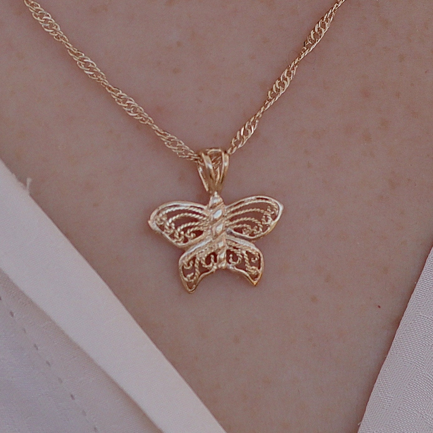 Filigree butterfly necklace, Solid 14k gold butterfly pendant necklace