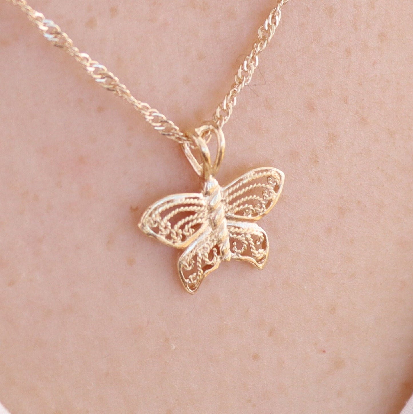 Filigree butterfly necklace, Solid 14k gold butterfly pendant necklace