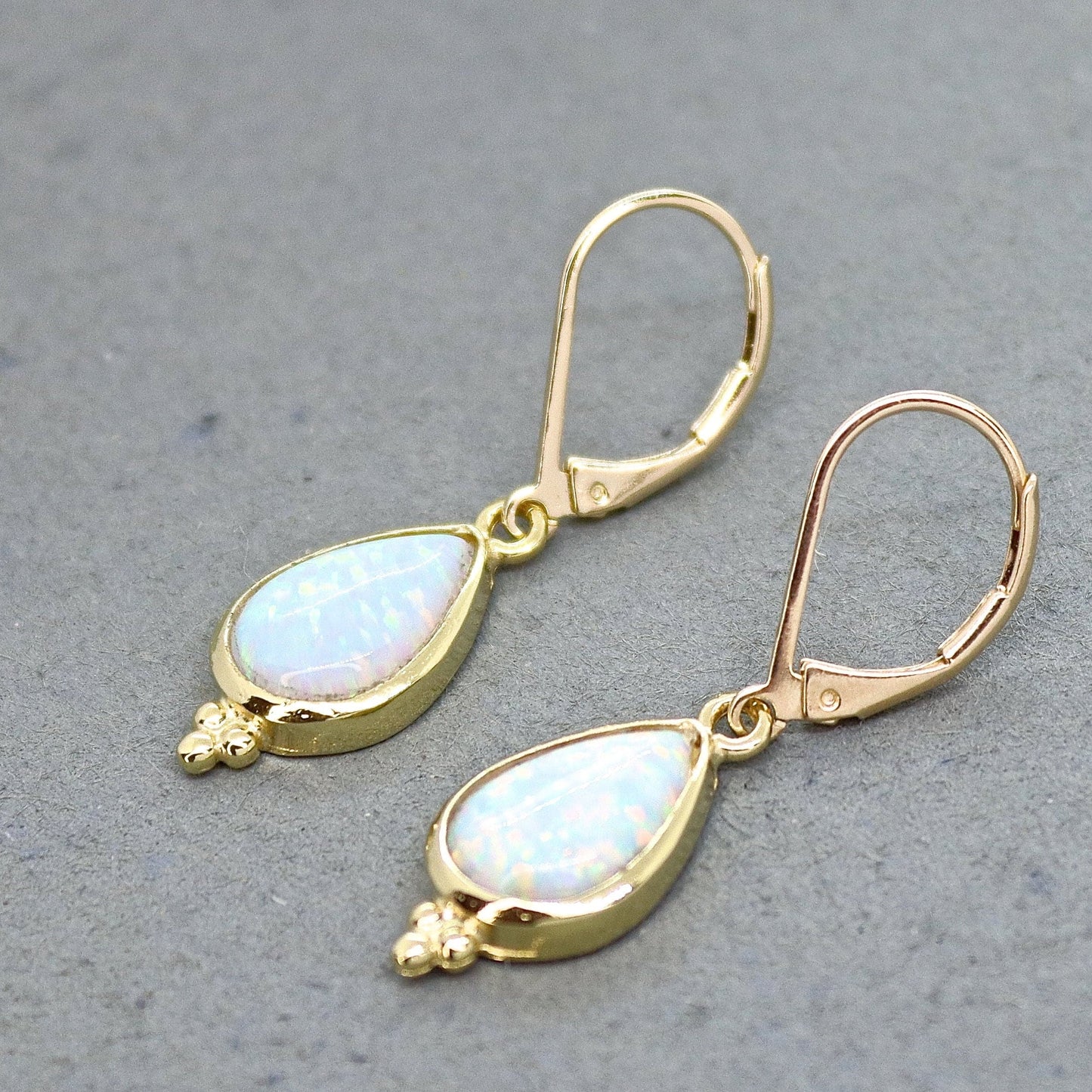 Gold Opal teardrop dangle earrings for woman, Vintage earrings, White opal drop earring