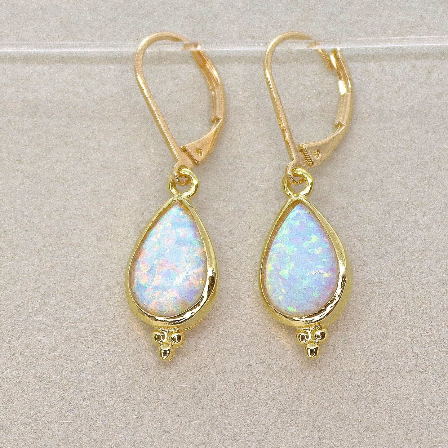 Gold Opal teardrop dangle earrings for woman, Vintage earrings, White opal drop earring