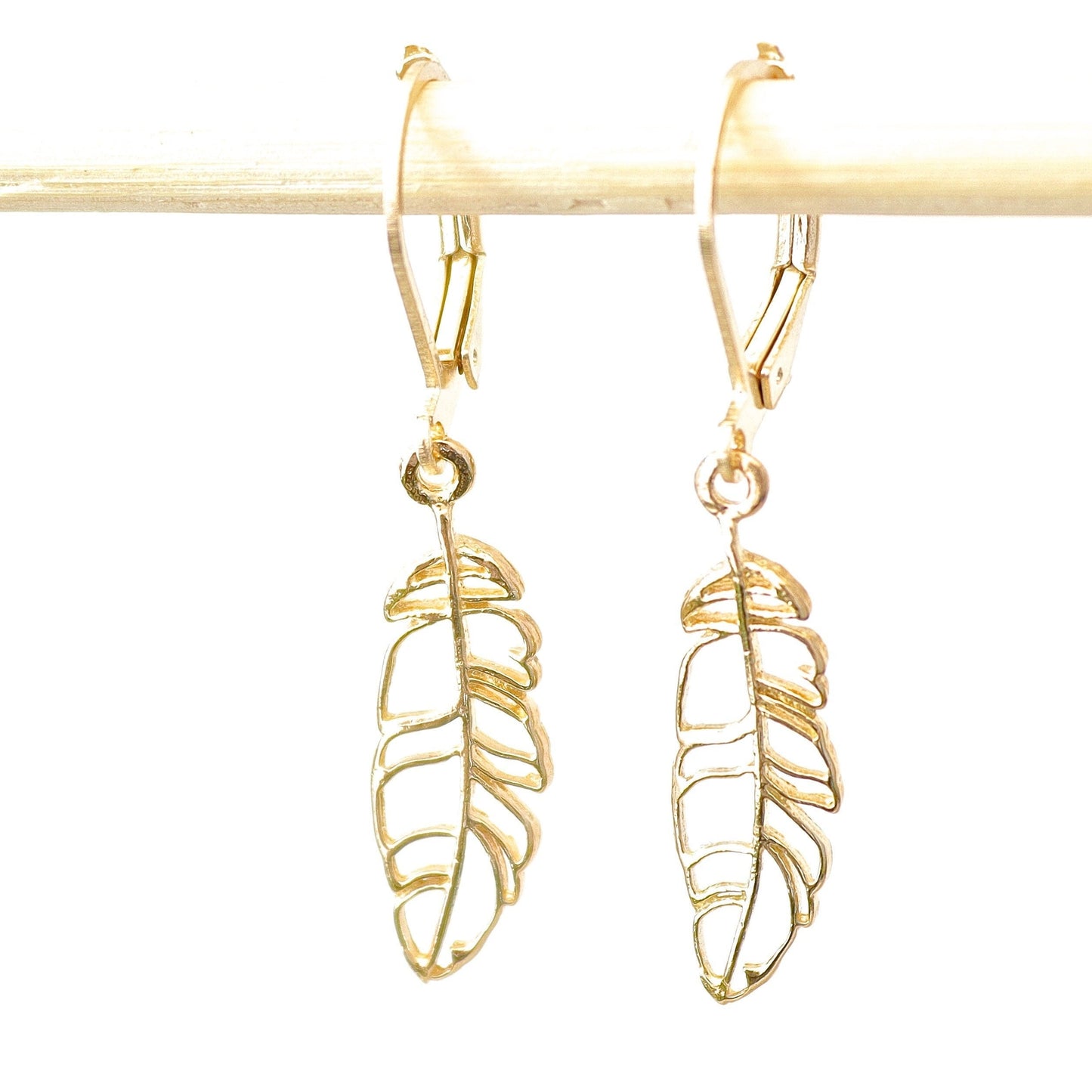 Gold feather earrings, 14k solid Gold feather dangle Earrings