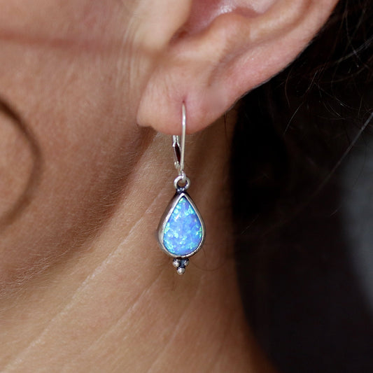 Opal drop earrings, Blue opal sterling silver 925 dangle earrings