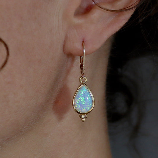 Gold Opal teardrop dangle earrings for woman, Vintage earrings, White opal drop earring