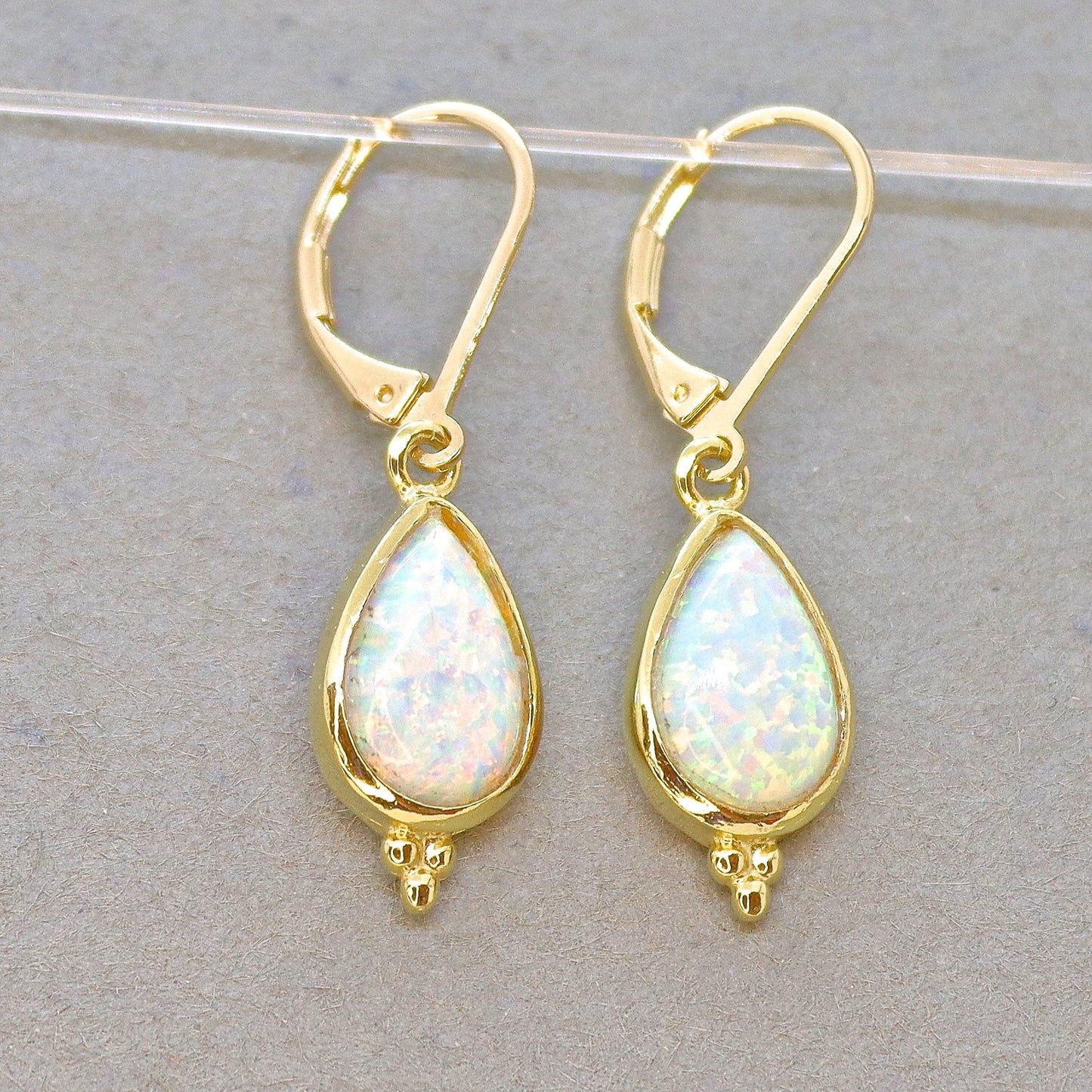 Gold Opal teardrop dangle earrings for woman, Vintage earrings, White opal drop earring