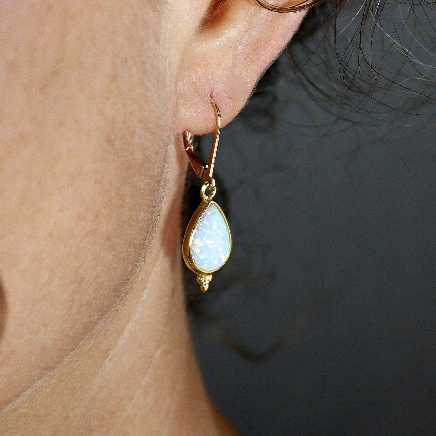 Gold Opal teardrop dangle earrings for woman, Vintage earrings, White opal drop earring