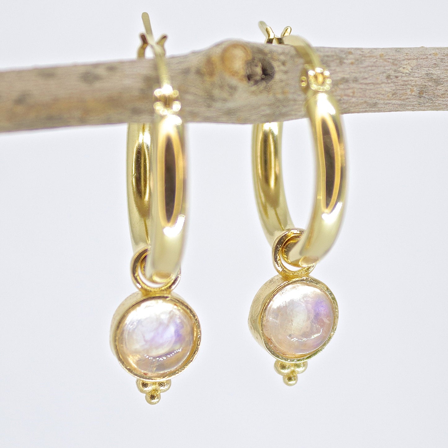 Wide 14k gold hoops with dangle stone earrings