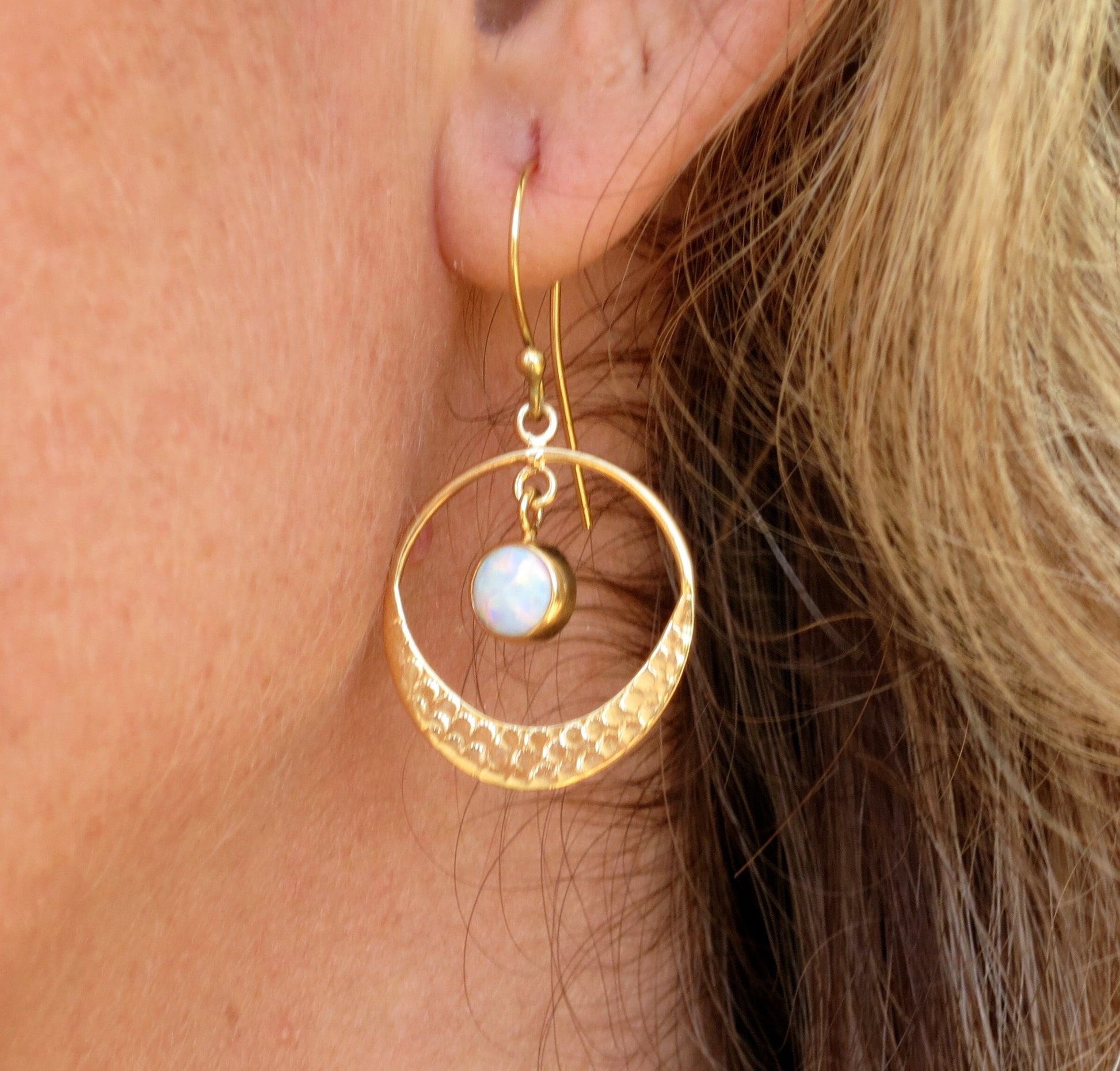 Opal 14k gold dangle hoop earrings, White Opal circle Earrings