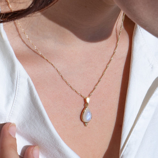 Moonstone necklace, Solid 14k gold drop necklace