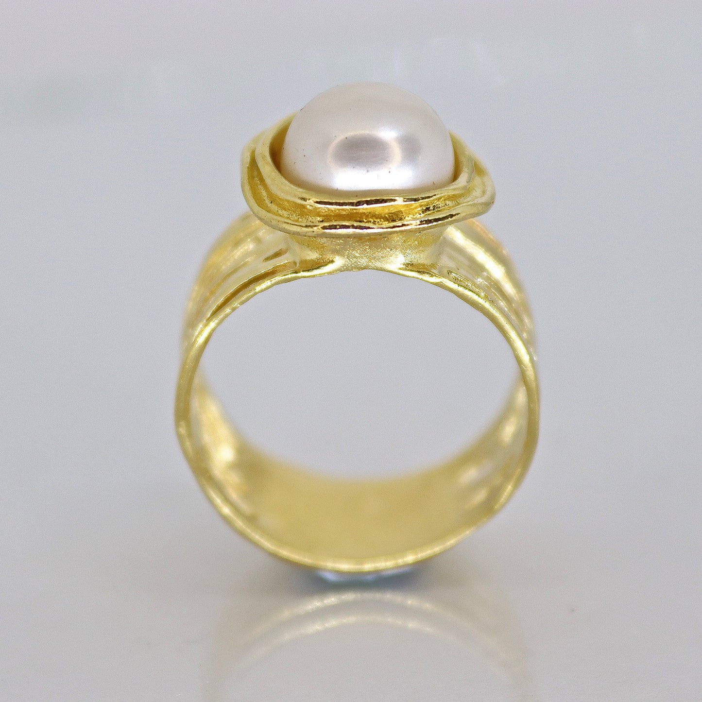 Pearl gold ring, Solid 14k gold wide ring with pearl