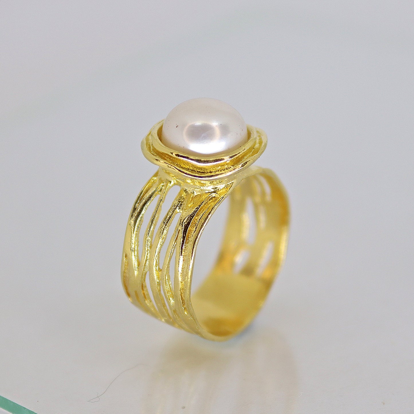 Pearl gold ring, Solid 14k gold wide ring with pearl