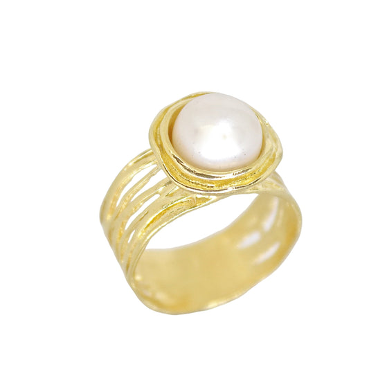 Pearl ring, Wide gold white stone ring