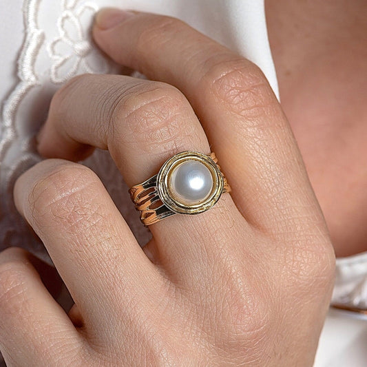 Pearl gold ring, Solid 14k gold wide ring with pearl