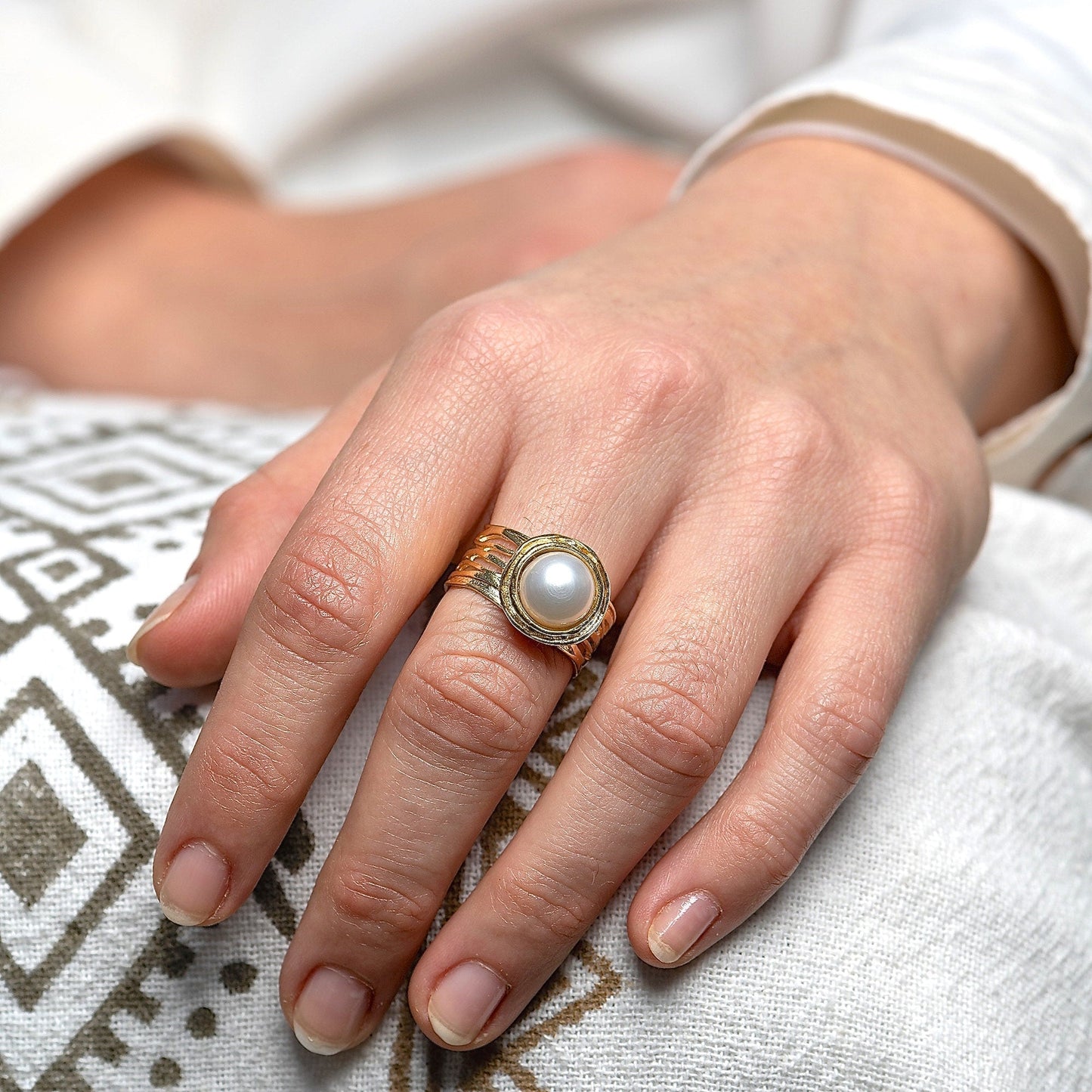 Pearl gold ring, Solid 14k gold wide ring with pearl