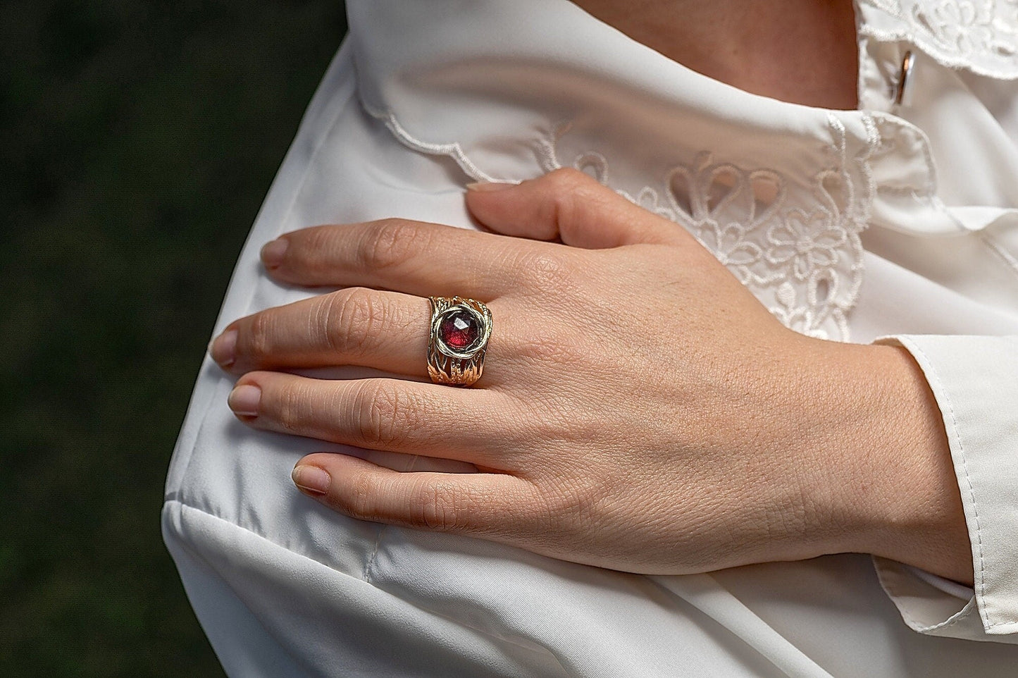 Garnet solid 14k gold wide chunky ring