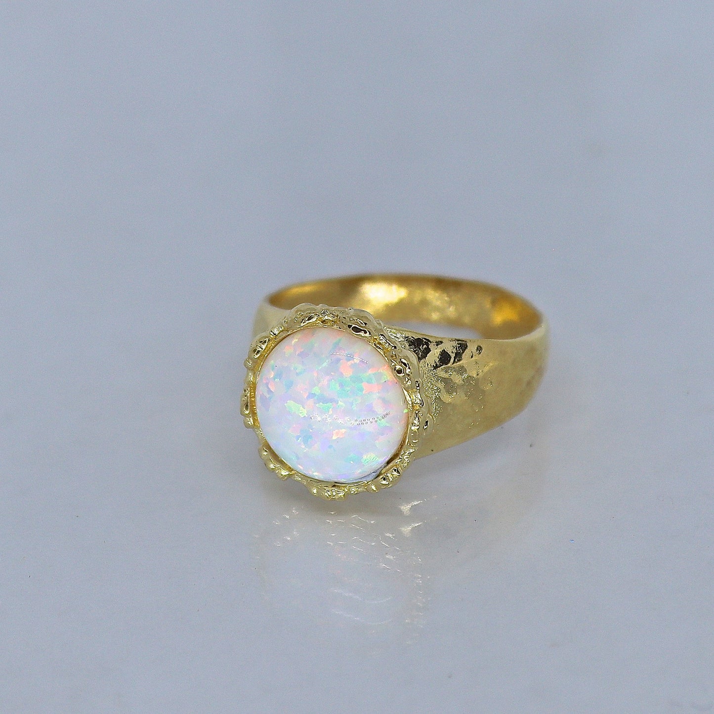 Opal 14k gold hammered ring band, White opal ring