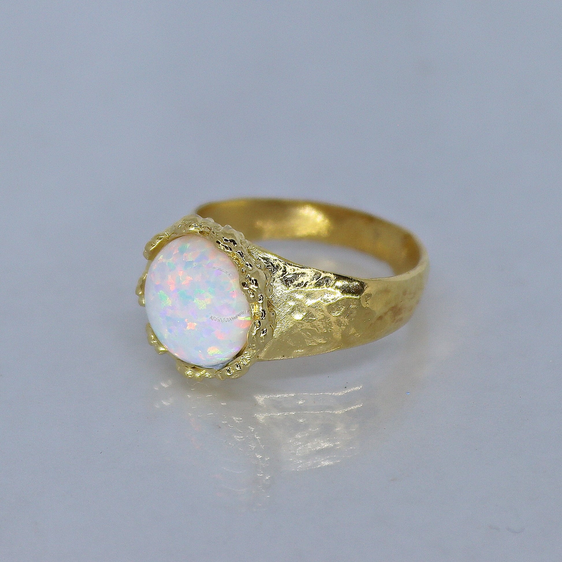 Opal 14k gold hammered ring band, White opal ring