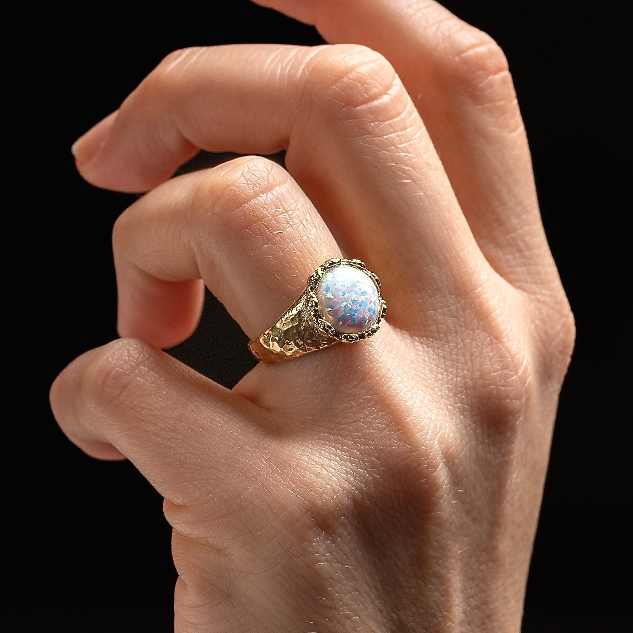 Opal 14k gold hammered ring band, White opal ring