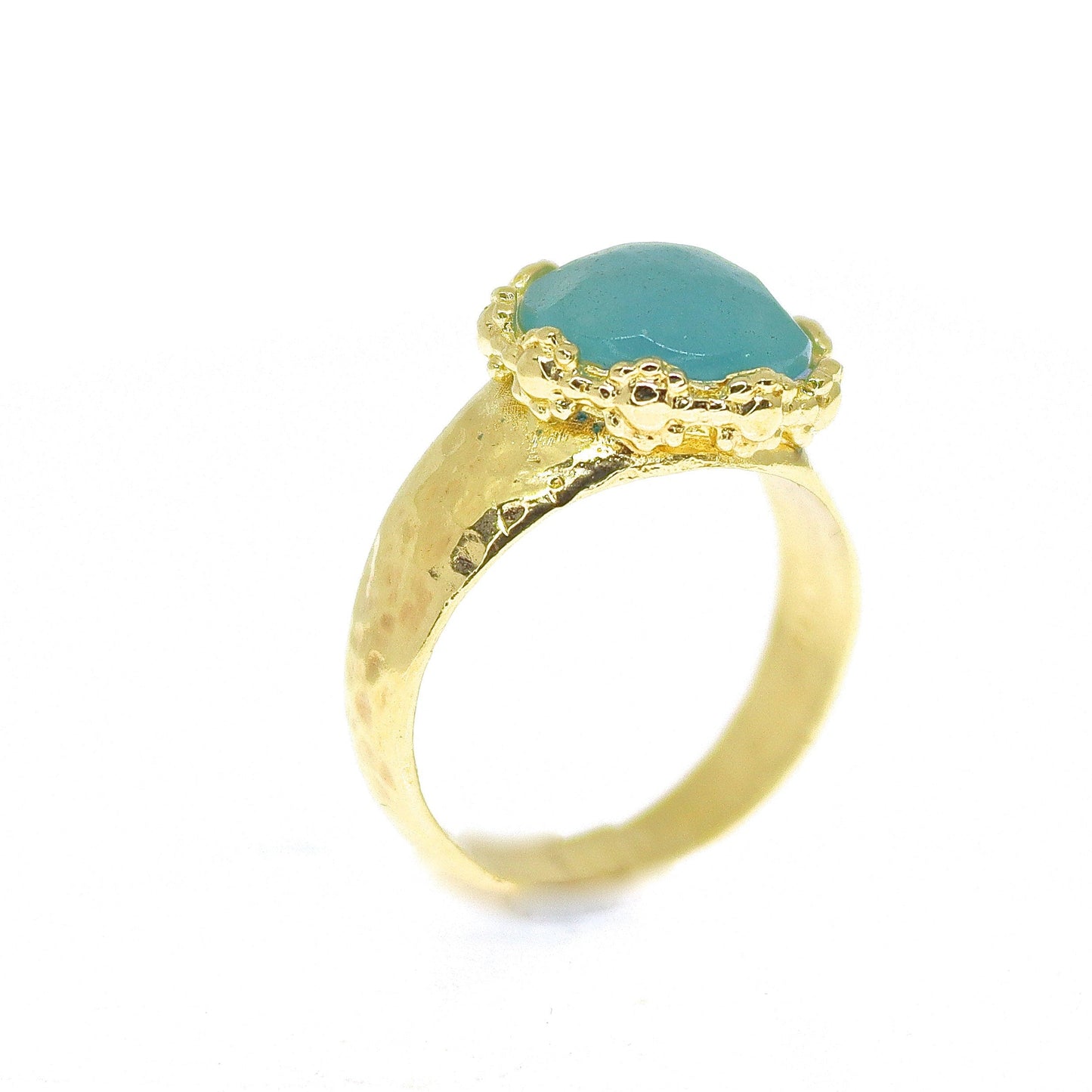 Aquamarine 14k gold hammered ring