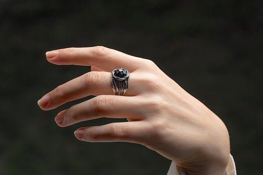 Black stone ring, Black onyx wide sterling silver 925 chunky ring