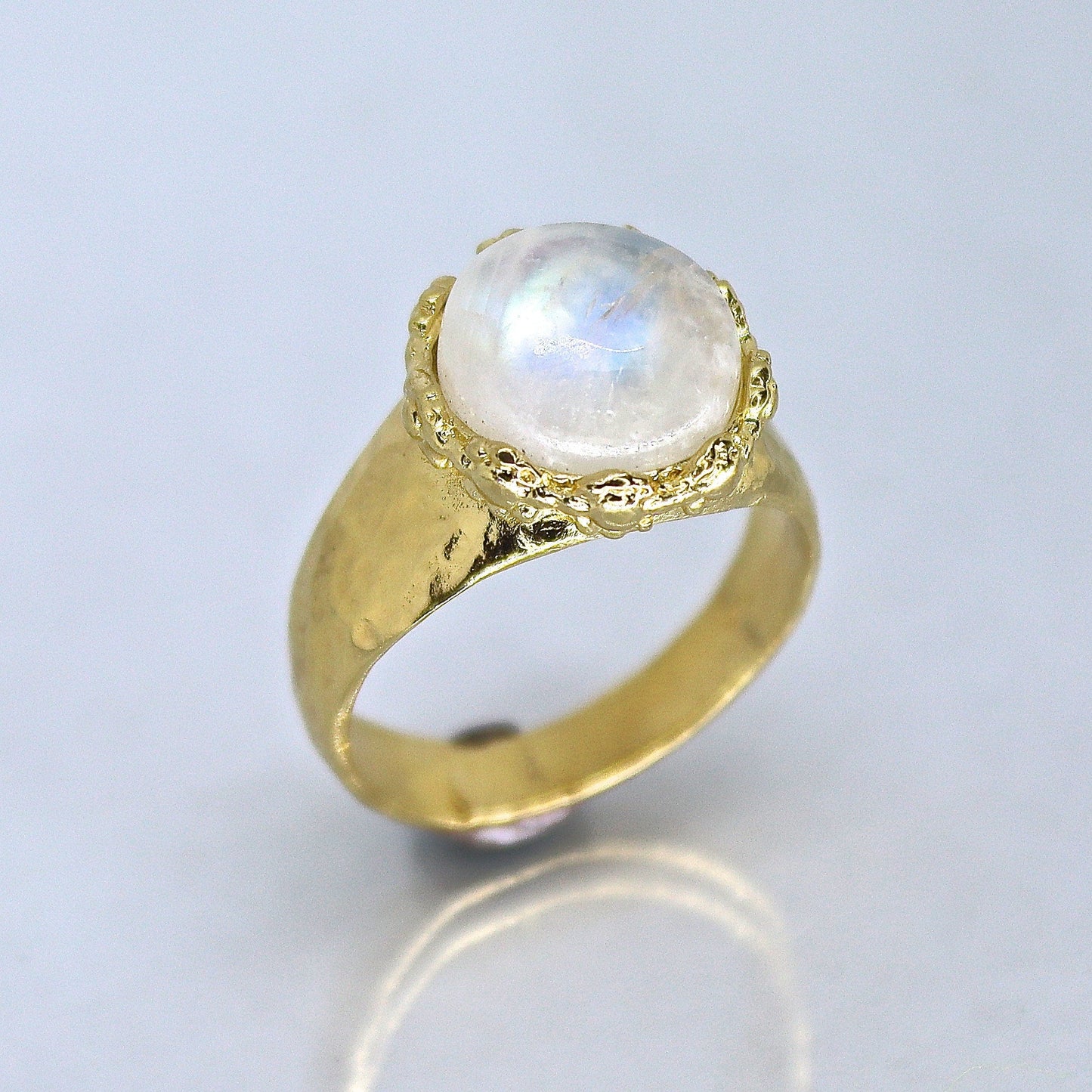 Moonstone 14k gold hammered ring band