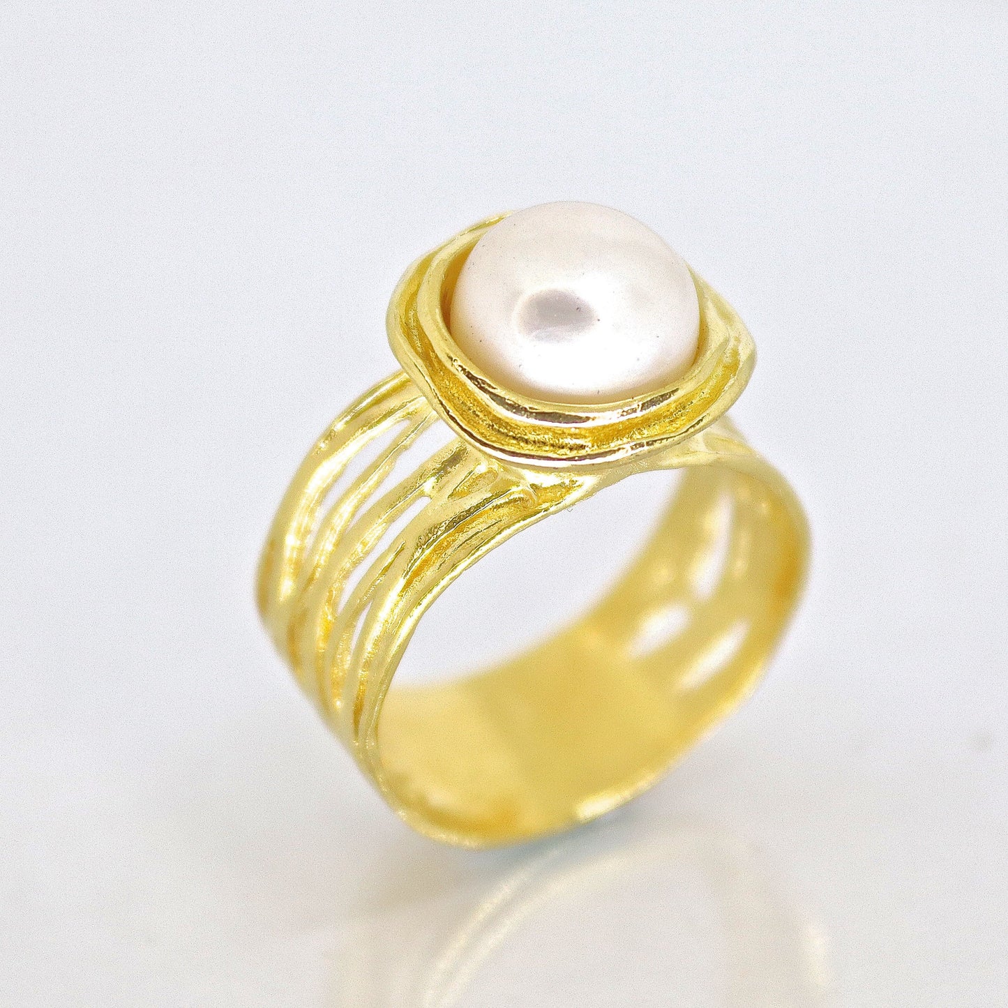 Pearl gold ring, Solid 14k gold wide ring with pearl