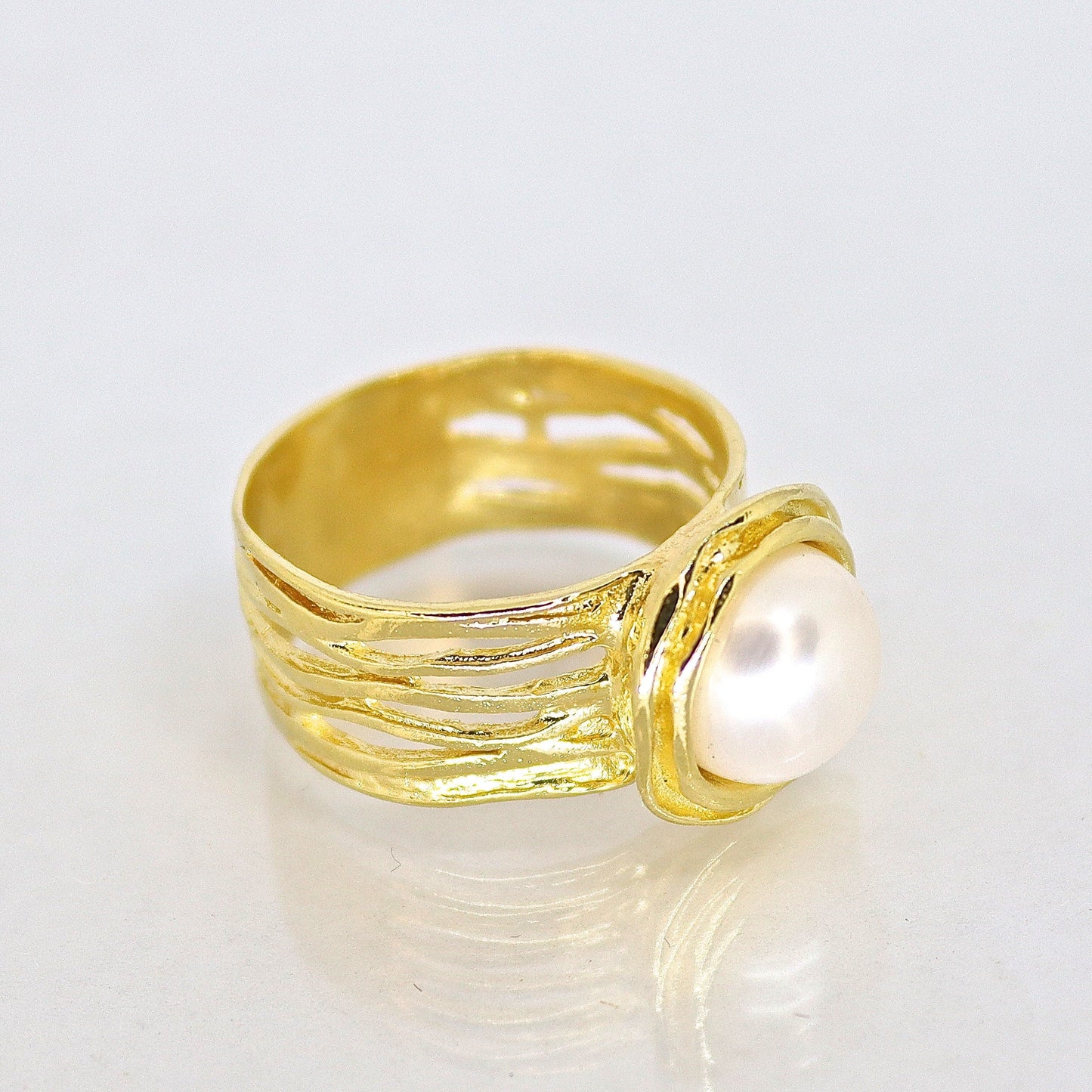 Pearl gold ring, Solid 14k gold wide ring with pearl