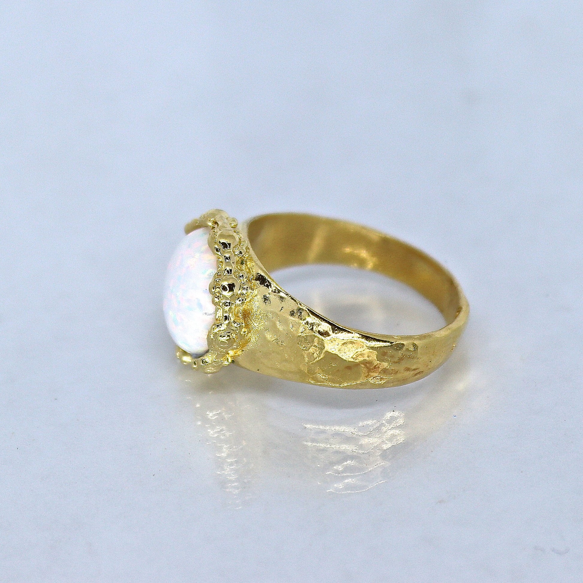 Opal 14k gold hammered ring band, White opal ring