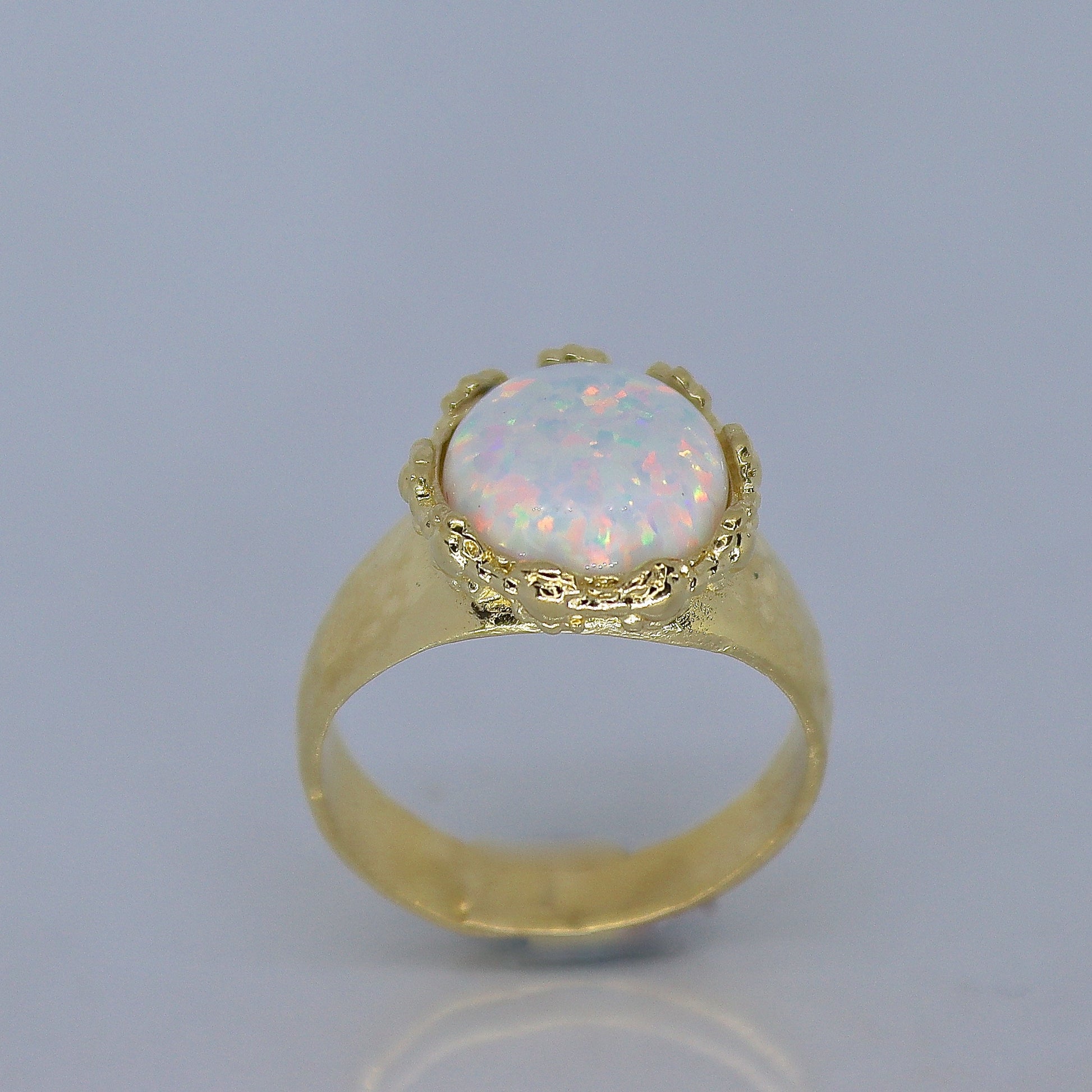 Opal 14k gold hammered ring band, White opal ring