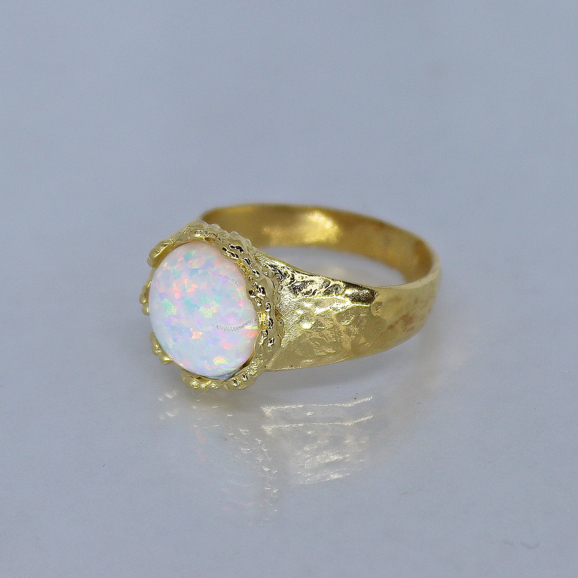 Opal 14k gold hammered ring band, White opal ring
