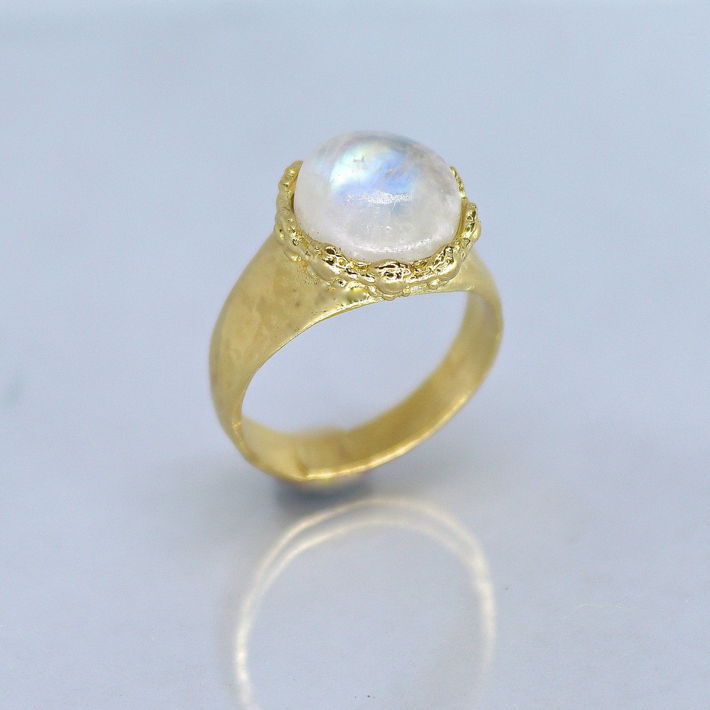 Moonstone 14k gold hammered ring band