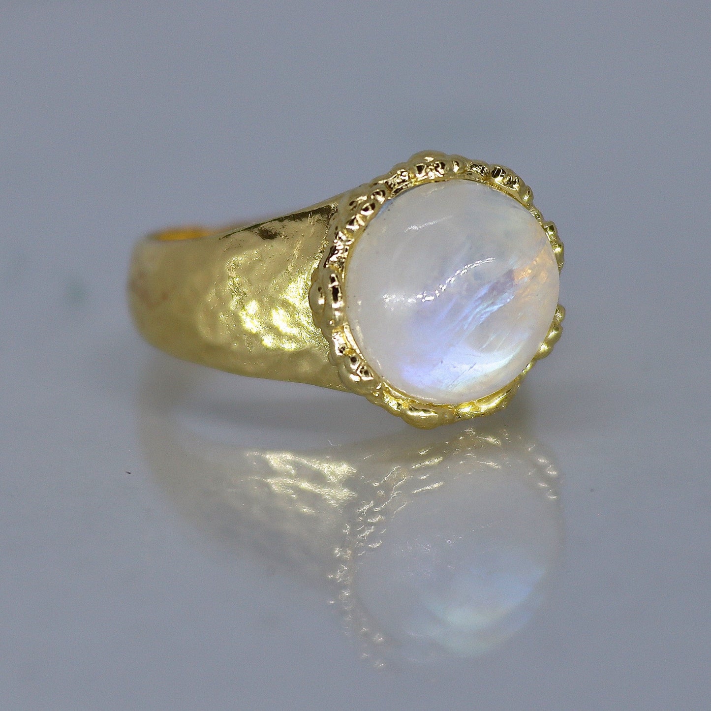 Moonstone 14k gold hammered ring band