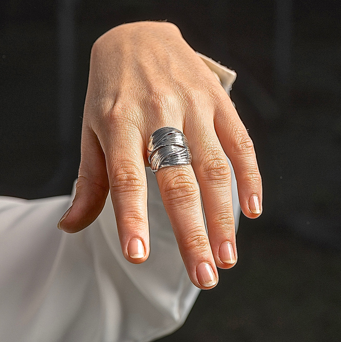 Braided chunky silver ring band