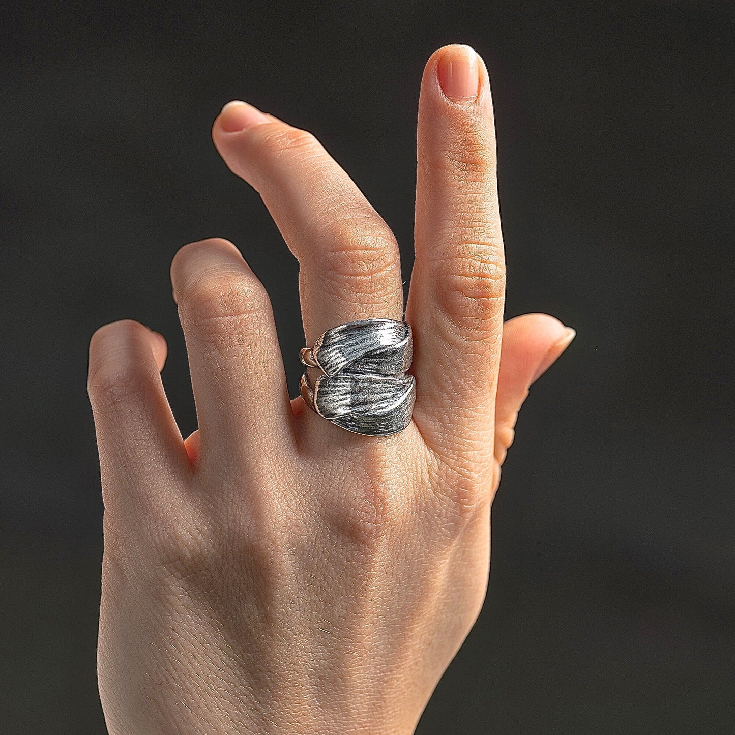 Braided chunky silver ring band