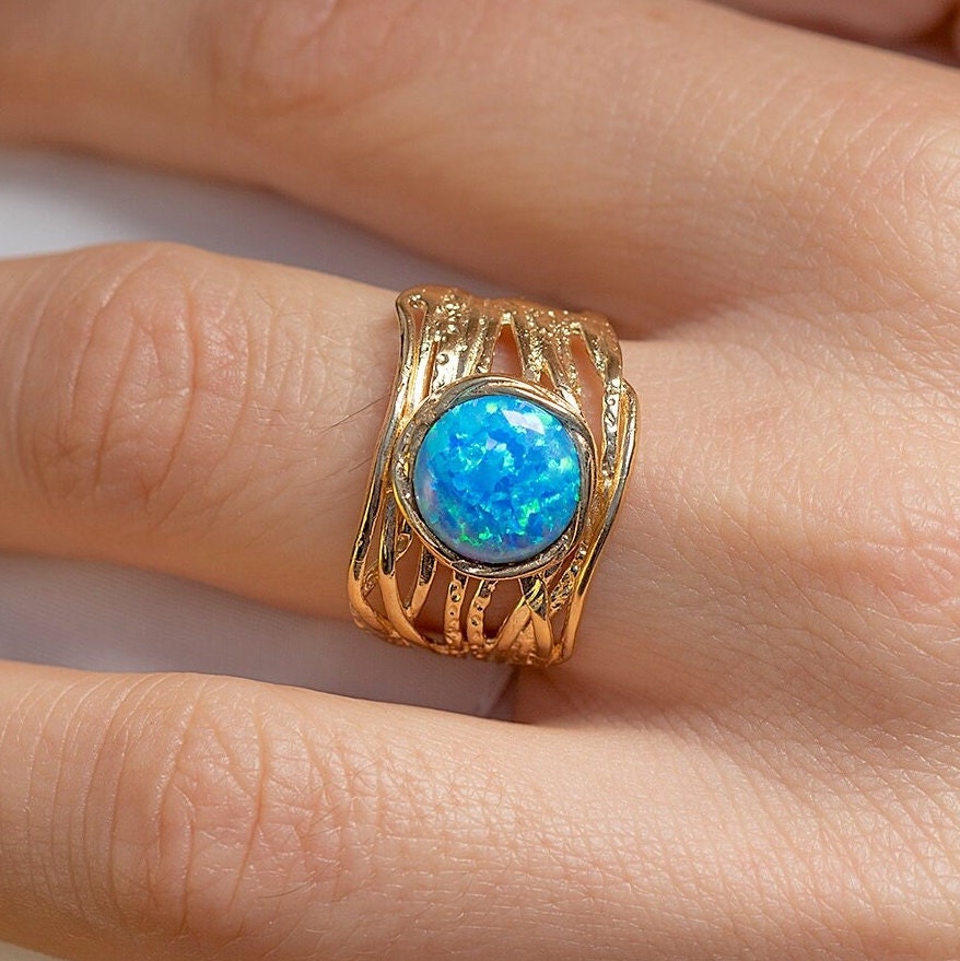 Opal ring, Blue opal wide solid 14k gold ring